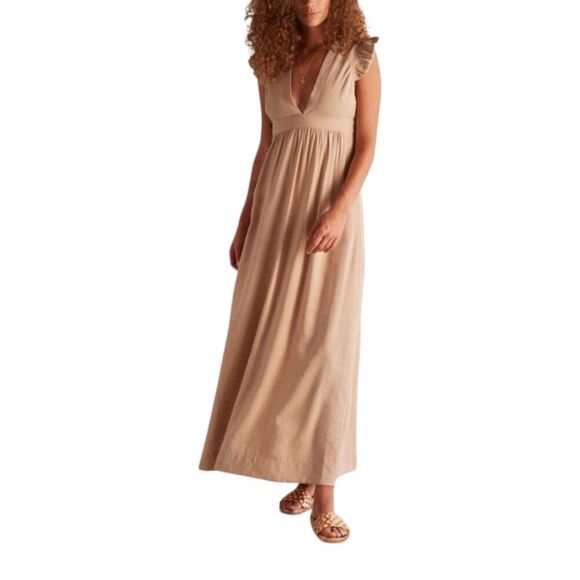 The Odells Beige Flutter Sleeve Maxi Rayon Blend Dress S - Picture 1 of 5